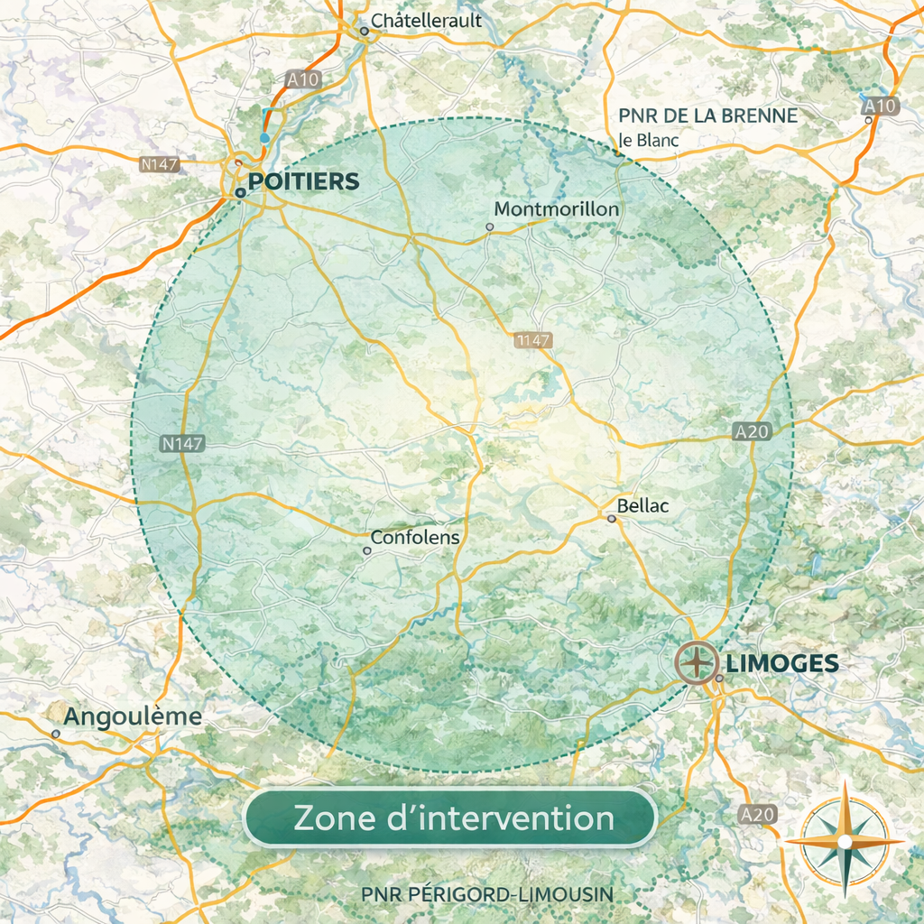 Carte de la zone d’intervention La Moustiquaire de l’Isle autour de Luchapt entre Poitiers et Limoges